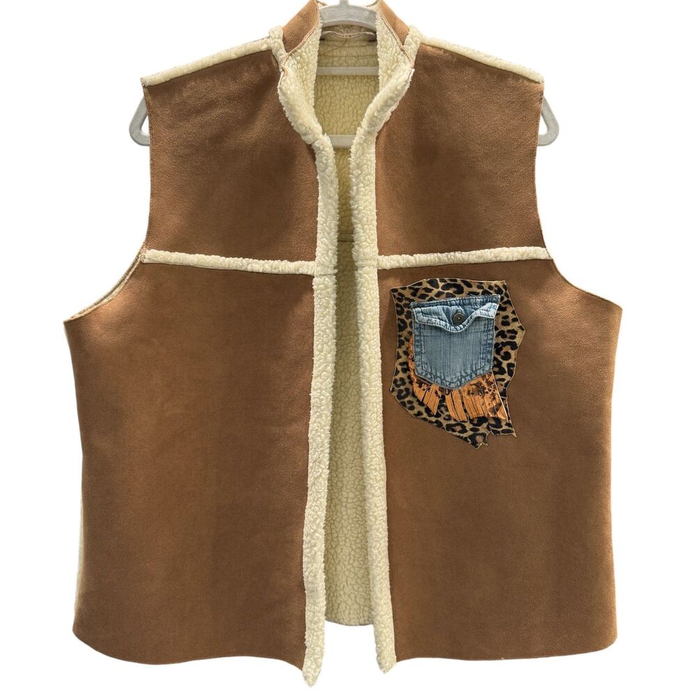 Beige Teddy Lined Faux Suede Vest with Leopard Print Upcycled Pocket Boho Chic